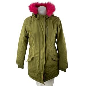 Cat & Jack Juniors Girls Green Pink Faux Fur Hoodie Hooded Parka Coat Jacket XL